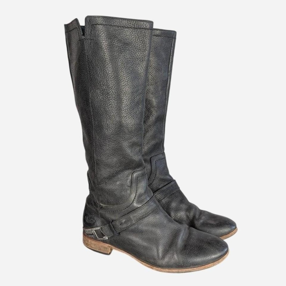 UGG Channing Pebbled Leather Tall Riding Boot Silver Buckle Size 9.5